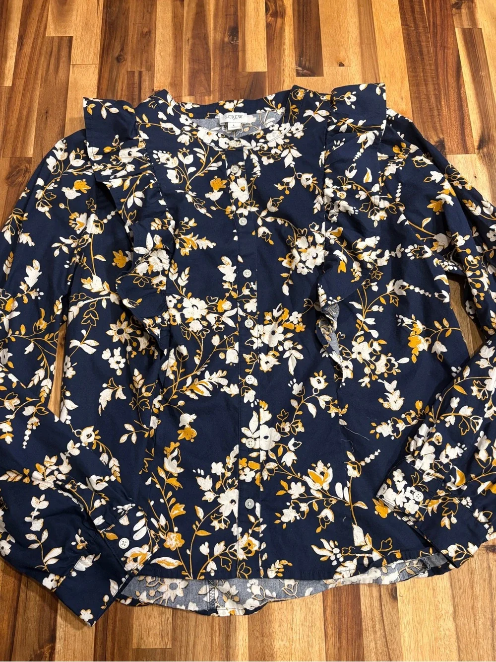 J. Crew Navy Floral Ruffle-Trim Blouse